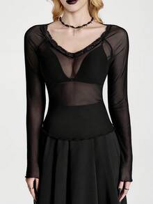 Breakform Gothic Halloween Sexy Dark Romantic Lace-Panel Sheer Black Top/T-Shirt – Versatile & Slimming Fit - Black - View 6