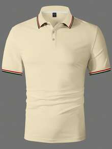 Calvornis Camisa polo de manga corta con media abertura de botones y rayas de colores contrastantes para hombres - Amarillo claro - Ver 4