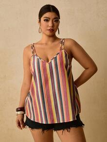 Travachic Camiseta sin mangas casual de talla grande con bloques de color y rayas para el verano - Multicolor - Ver 4