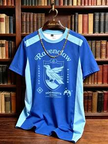 HARRY POTTER X SHEIN Manfinity Campus Court Kaos Lengan Pendek Pria Kasual Musim Panas dengan Motif Blok Warna dan Patchwork - MultiWarna - View 4