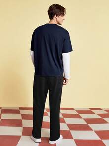 GARFIELD | SHEIN Men 2pcs/Set Casual Letter Cartoon Print 2 In 1 T-Shirt And Pants Set - Navy Blue - View 2
