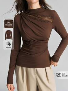 Ontre 女款棕色四季通用現代都市時尚商務休閒辦公通勤機場穿搭低調老錢風優雅T恤 - 棕色 - 查看 1