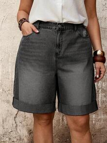 EMERY ROSE EMERY ROSE Shorts de mezclilla holgados con botones y bolsillos versátiles de moda talla grande - Negro - Ver 3
