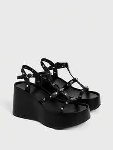 Sugerpunk Women Shose Women's Fashion Platform Wedge Sandals, Spring And Autumn Summer Punk Style Buckle Middle Help Cross Rivet Inlaid Design Open-Toed Sandals, Nightclub Commuting Easy Travel - Black - View 3
