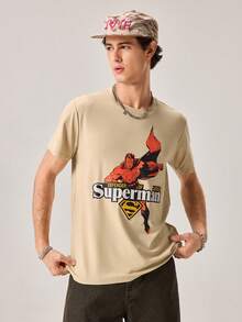 Strevion SUPERMAN 男士极简主义超人红色印花圆领短袖T恤，夏季 - 卡其色 - 查看 5