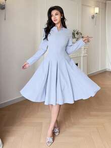 Feyla Women's Solid Color Long Sleeve Pleated Hem Elegant Dress - Blue - View 4