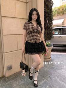 SHEIN MOD 大尺碼格紋襯衫，秋冬款，學院風，休閒日常穿著，年輕女性通勤 - 棕色 - 查看 10