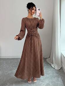 Elenzga 女款春夏秋冬法式優雅奢華極簡設計休閒波希米亞度假通勤老錢風舒適仿亞麻波點印花圓領抽褶腰抽繩後背鬆緊腰喇叭袖長袖長洋裝 - 棕色 - 查看 3