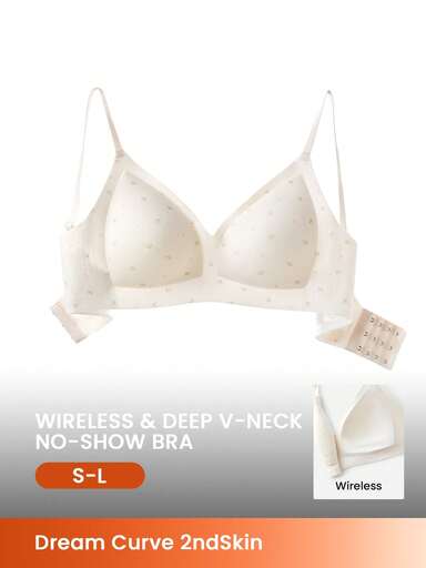LUVLETTE Wireless Seamless Breathable Sheer T-Shirt Plunge No Show Underwear White Print Airy Sticky Basic SizeFreedom Bra Also For Teen Girl /Young