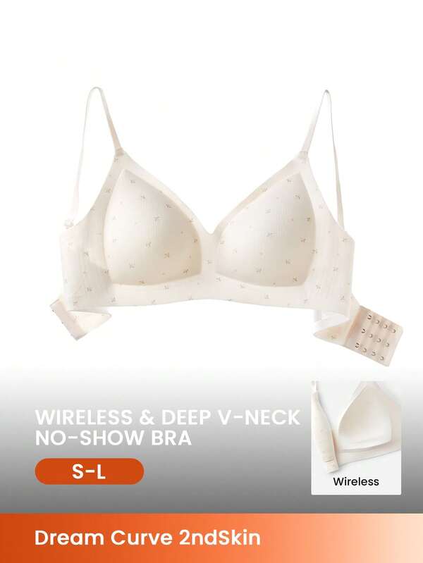LUVLETTE Wireless Seamless Breathable Sheer T-Shirt Plunge No Show Underwear White Print Airy Sticky Basic SizeFreedom Bra Also For Teen Girl /Young