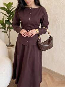 Solavon Women's Shirt And Skirt Arabic Costume Set - Brown - View 4