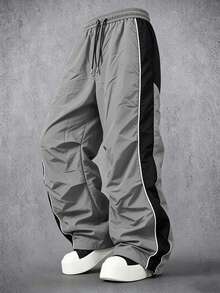 Manfinity Denimwave Men's Colorblock Drawstring Waist Pleated Loose Casual Long Pants - Grey - View 3