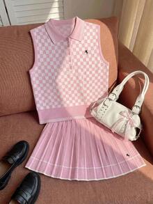Comfortcana Plus Size Women's Tennis Style Checkerboard Knit Tank Top And Pleated Knit Skirt Set Fall - Pink - View 3