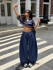 StreetHx Women's Casual Streetwear Washed Blue And White Stripe Curved Leg Jeans Everyday Going Out Summer - Blue - View 8