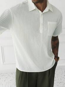 HUEFORM Men's Summer Old Money Style Textured Crinkle Half-Button Casual Shirt Top - White - View 3