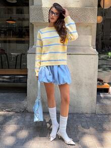Aloruh Pull ample à manches longues rayé jaune pour femme, automne/hiver, idéal pour la rentrée, décontracté, sorties et port quotidien - Multicolore - Voir 8