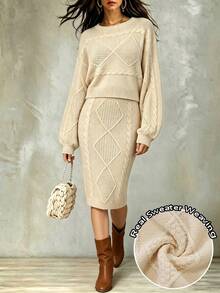 Balvessa Women's Spring Autumn Winter Soft Beige Diamond Cable Knit Sweater Set 2 Pieces Casual Elegant Loose Short Crew Neck Long Sleeve Sweater Brunch - Apricot - View 4