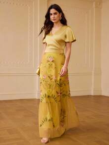 ZEYLAH Women's Floral Print Overlap V-Neck Short Sleeve Elegant Romantic Casual Dress Wedding Party Dinner Gold Summer - Yellow - View 1