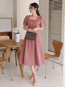 DAZY Women Solid Color Asymmetric Square Neck Long Casual Dress, Suitable For Office Wear SunDress - Pink - View 2