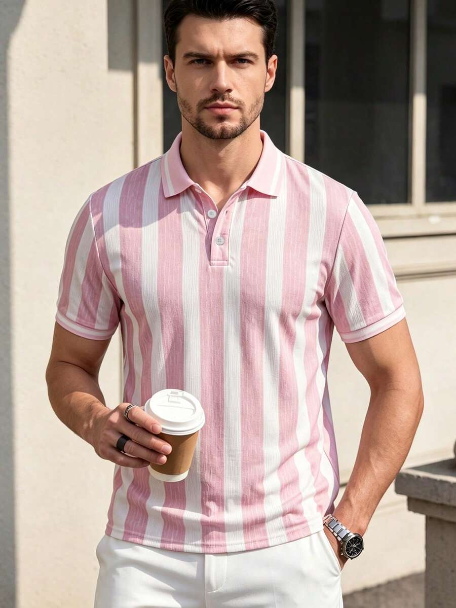 Airaco 時尚休閒熱帶度假風粉色與白色條紋男士短袖 Polo 衫 140g 雙面珠地布 早午餐夏季 - 彩色 - 查看 1