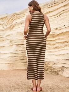 SHEIN Maternity Striped Split Design Casual Everyday Summer Dress Photoshoot - Coffee - View 5