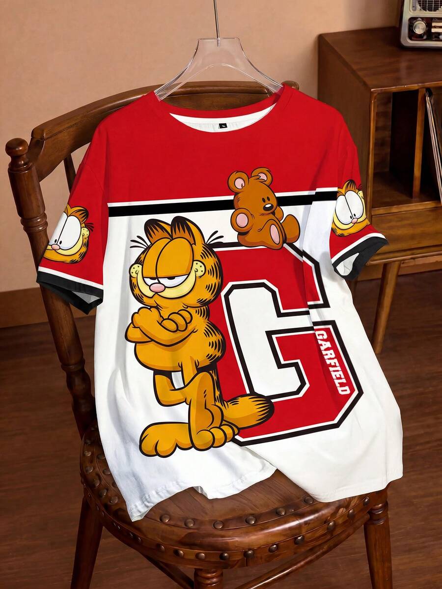 GARFIELD | SHEIN 大码女式卡通动物印花撞色圆领短袖T恤,时尚百搭 - 白色 - 查看 1