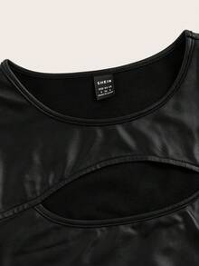 SHEIN ICON Cut Out Front Crop PU Leather Tank Top - Black - View 4