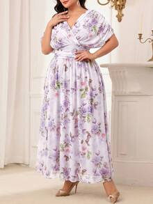 Modelyn 大尺碼優雅花卉印花蝙蝠袖洋裝，春夏季長版晚宴禮服 - 彩色 - 查看 6