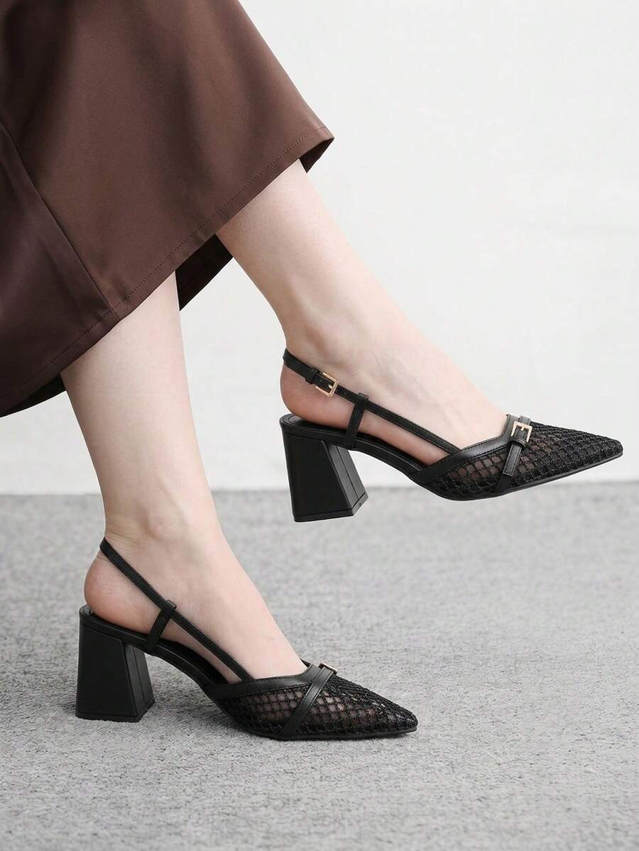 CUCCOO BIZCHIC 女款時尚高跟鞋,扣飾粗跟網紗設計,全球四季通勤優雅百搭,適合度假、辦公室、戶外與日常穿著 - 午夜黑 - 查看 1
