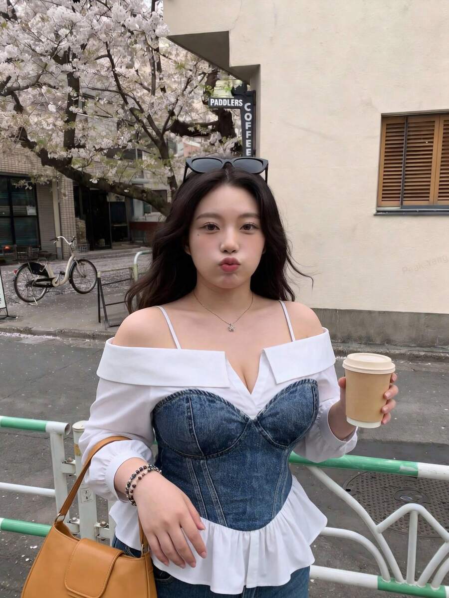 SHEIN MOD Blus Off-Shoulder Dua Potong Palsu Ukuran Plus Musim Gugur/Dingin, Pakaian Sehari-hari Elegan, Wanita Muda, Pakaian Kantor, Gaya Urban Chic Musim Gugur - Blue and White - View 1
