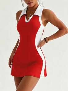 CourtClass CourtClass 女款 2 件組高爾夫 Polo 連身裙，對比色領口露背運動裙，附緊身短褲與口袋，春夏休閒跑步瑜伽網球套裝 - 紅色 - 查看 6