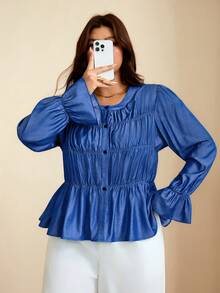 Edennvi Blus Wanita Ukuran Besar dengan Kerah Bulat dan Ruffle Berlapis-lapis, Kancing Depan, Lengan Panjang Mengembang, Potongan Pendek di Pinggang, Atasan Kasual Warna Biru Tua untuk Kantor Formal Musim Gugur - Biru - View 1