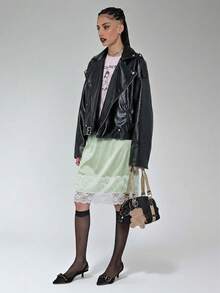 COUREZ 低腰缎面中长裙，蕾丝裙边 / Y2K 冬季女装，派对装，外出装，性感优雅黑色半身裙 - 薄荷綠 - 查看 3