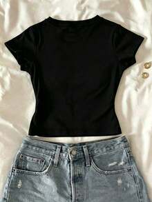 IslaSuriya Y2K 女款花卉斜向拼接設計短版上衣，圓領短袖 T-shirt，適合日常、度假與休閒穿著 - 彩色 - 查看 2