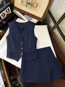 Franclia Women's Solid Color Elegant Office Commute Suit Set - Navy Blue - View 3