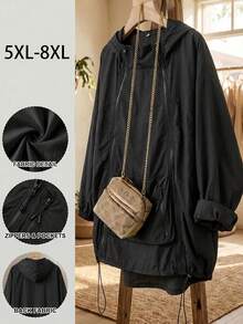 SHEIN CURVE+ Jaket Jubah Berkerudung Kain Tenun Hitam dan Emas Ukuran Besar dengan Tali Serut, Musim Dingin 2026 22W - Hitam - View 1