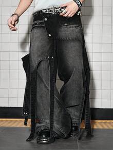 ROMWE MEN Casual 男士毛邊設計休閒解構重磅牛仔長褲 - 黑色 - 查看 5