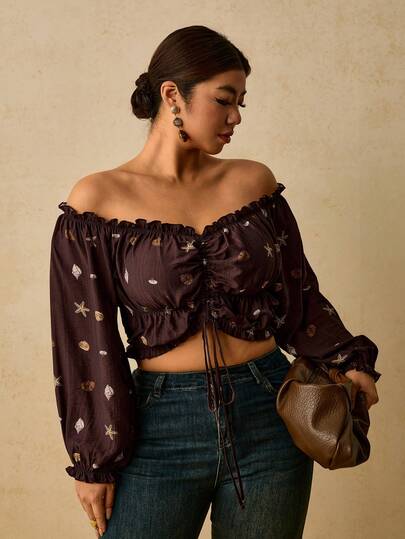 Travachic Plus Size Women's Off-Shoulder Pleated Starfish Shell Print Casual Tropical Everyday Beach Vacation Blouse Autumn