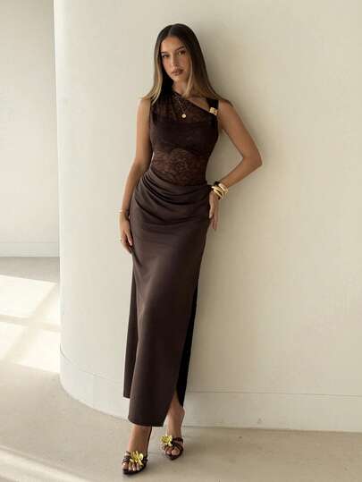 Aloruh Women's Brown Lace Patchwork Brown Metal Buckle Extra Long Dress