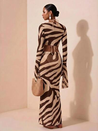 Zivah 2026 New Casual Vacation Elegant Zebra Print Stretch Fabric Waist Tie Short Top + Long Skirt Cover-Up Set, Women's Beach Vacation 2-Piece Set