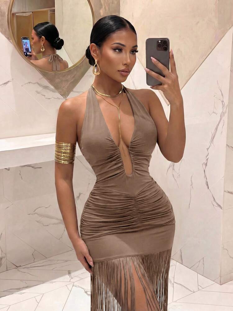 Slaydiva Brown Halter Deep V-Cut U-Neck Double-Sided Pleated Tassel Hem Maxi Dress, Summer New Music Festival Valentine's Day Easter Wedding Season Beach Vacation Casual Elegant Daily Wear, Beach Party Cruise Party Y2K Sexy Women's Long Dress - Khaki - View 6
