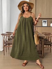 SHEIN CURVE+ Vestido casual suelto con tirantes finos y espalda descubierta con estampado de árbol, adecuado para vacaciones y playa en tallas grandes - Verde - Ver 7