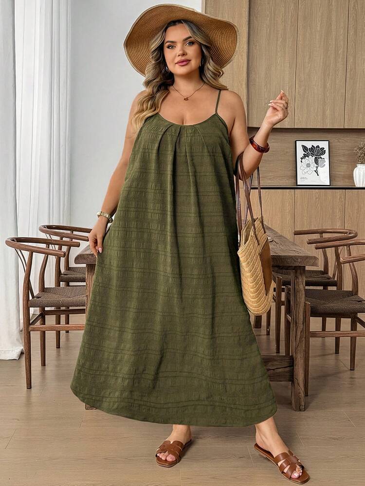 SHEIN CURVE+ Plus Size Tree Pattern Spaghetti Strap Backless Loose Casual Dress, Suitable For Vacation And Beach - Green - View 6