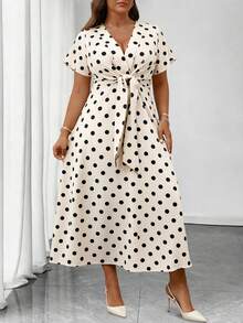 Auvina Plus Size Women's Elegant Daily Wear V-Neck Ruffle Short Sleeve Tie-Waist A-Line Maxi Dress - Multicolor - View 6