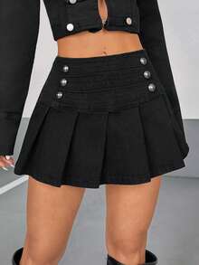 Rivivi Rok Mini Denim Lipit Kancing Ganda untuk Wanita - Hitam - View 3