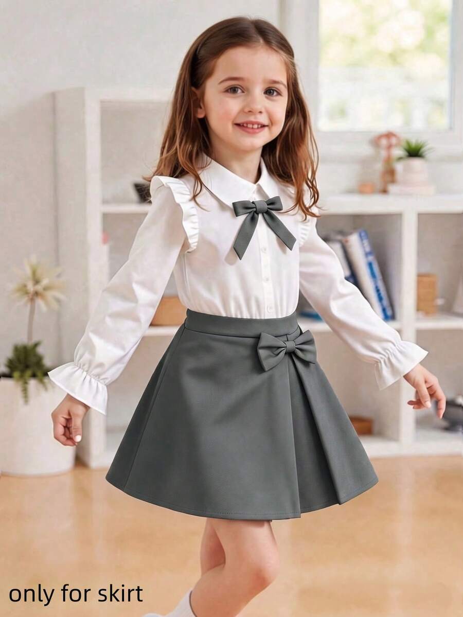 SHEIN 1件女童A字裙，彈性腰頭，優雅時尚休閒戶外蝴蝶結裝飾裙