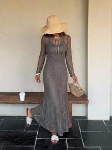 FRIFUL Women's Dark Gray Sheer Lace Fabric Tie Cinched Waist 2 Pieces Set Business Casual Outfit For Holiday Cute Tops - Grey - View 2