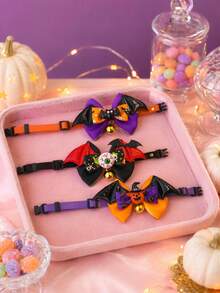 PETSIN 1PC Halloween Bat Wing Bow Tie Pet Collar / Soft Smooth Satin Fabric Halloween Themed Bow With PU Bat Wing Pumpkin Eyeball Decor Adjustable Velvet Neck Strap With Crisp Sound Metal Jingle Bell - Multicolor - View 7