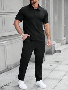 Manfinity CasualCool 男士紋理提花兩件套，紋理提花短袖 Polo 衫 + 紋理提花長褲，休閒日常通勤 - 黑色 - 查看 5