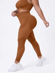 SHEIN Sports 大尺碼女款純色高腰日常健身運動緊身褲 - 棕色 - 查看 5